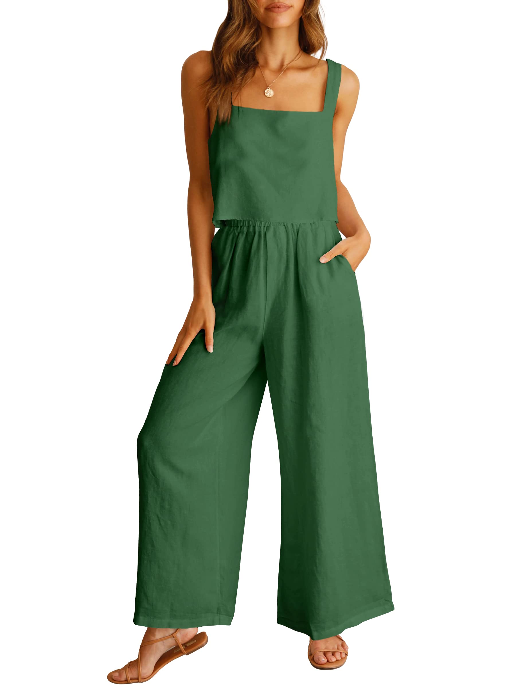 Photo 1 of Prinbara 2 Piece Outfits for Women Summer Vacation Beach Sleeveless Linen Crop Tank Top Casual Lounge Sets Comfy Tracksuits Cruise Beach Travel 2024 Spring Fashion Jumpsuits - L