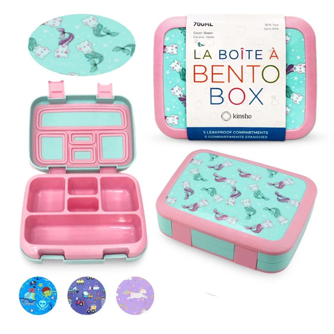 Toddler Lunch Box Bento Lunch-Box for Kids, 5 Portion Sections, BPA Free Removable Plastic Tray, Pre-School Kid Daycare Lunches, Snack Container Ages 3 to 7, Aqua Cat Mermaid
