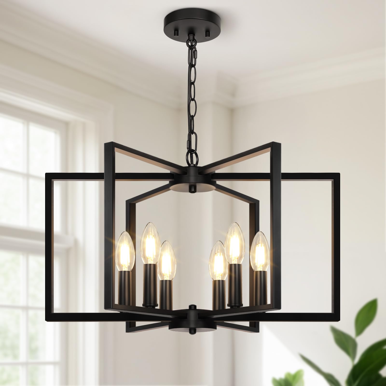 Black Farmhouse Chandelier, 6 Light Geometric