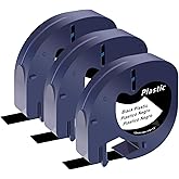 USUPERINK 3 Pack Letratag Tape Compatible for Dymo Label Maker Refills 913318 White on Black Plastic Label Maker Tape 12mm x 4m (1/2" x 13') for Dymo LetraTag Refills 200B LT100H LT100T LT110T