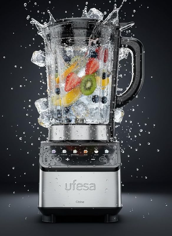 Liquidificador Digital Citrine 1200W, Garrafa de Vidro 1,5L, 7 Funções Automáticas, 4 Lâminas em Aço Inoxidável, Auto-Limpável e Gelo Triturado, Batidos, Controlo Tátil, Antiderrapante
