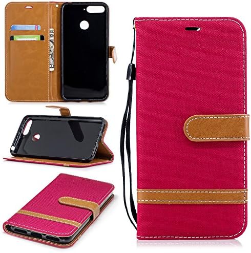 sinogoods For Huawei Y6 2018 / Honor 7A Case, Flip Slim Fit Premium Denim fabric Case, Stand Wallet Card Case Cover - Red