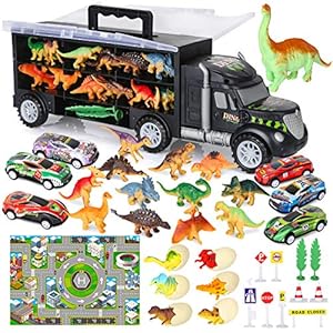 Vanplay-Dinosaur-Truck-Toy-Car-Transporter-Carrier-Set-include-Dinosaur-Figures-Egg-Mini-Racing-Car-with-Play-Mat-Road-Signs-for-Children-37PCS Vanplay Dinosaur Toys Transporter Truck Toy Include Mini Dinosaur Figures Cars with Play Mat Birthday Easter Gift for…
