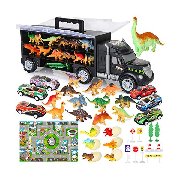 Vanplay-Dinosaur-Truck-Toy-Car-Transporter-Carrier-Set-include-Dinosaur-Figures-Egg-Mini-Racing-Car-with-Play-Mat-Road-Signs-for-Children-37PCS Vanplay Dinosaur Toys Transporter Truck Toy Include Mini Dinosaur Figures Cars with Play Mat Birthday Easter Gift for…