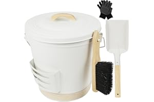 ANNIE GARDEN Ash Bucket with Lid and Shovel, Hand Broom and Stick, 5.2 Gallon Large Metal Ash Bucket for Fireplace Tools Set, Fire Pits, Wood Burning Stoves, Indoor and Outdoor, Camping, Grill, Cream White