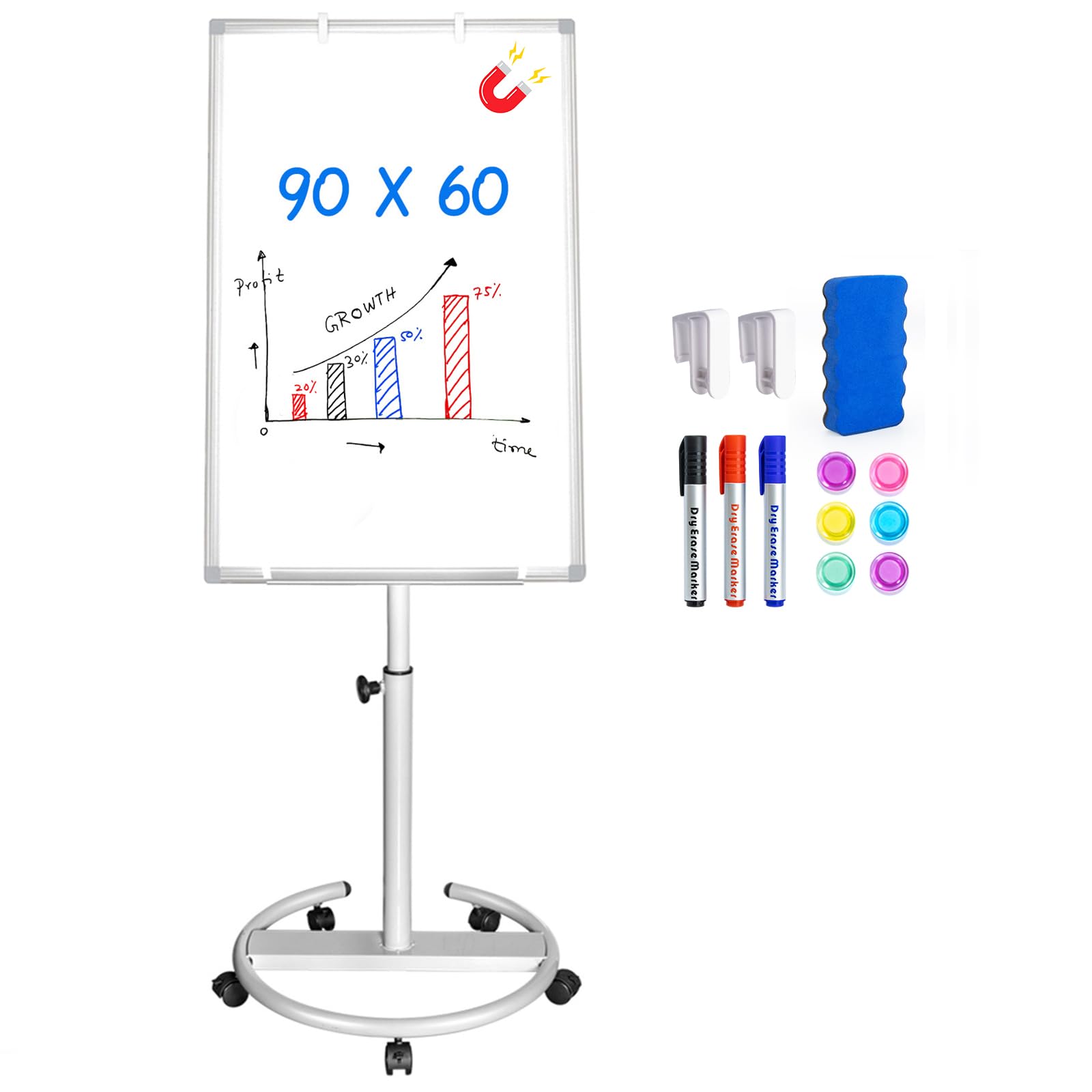 maxtek Flip Chart Stands Mobile Whiteboard, 90 x 60 CM Magnetic WhiteBoard Stand, Aluminum Frame Height Adjustable Portable Whiteboard, 1 Radierer, 3 Markern und 6 Magneten (White)