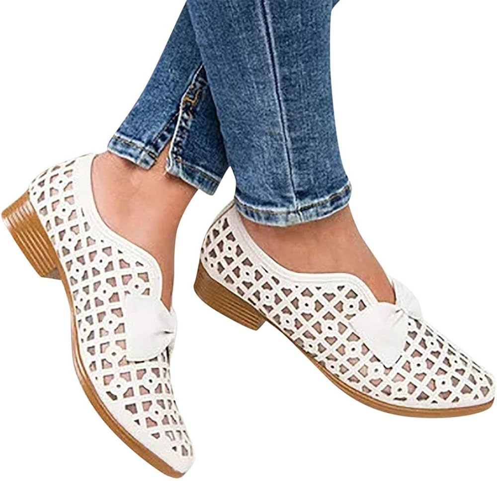 Aniywn Women's Hollow Out Casual Low Heel Shoes Breathable Slip On Walking Soft Office Shoes Pointed Toe Dress Shoes