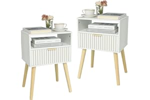 MaxSmeo White Nightstand Set of 2, Small Bedside Table with Drawer, Wood Modern Nightstand, End Table for Bedroom with 2-Tier Storage, White