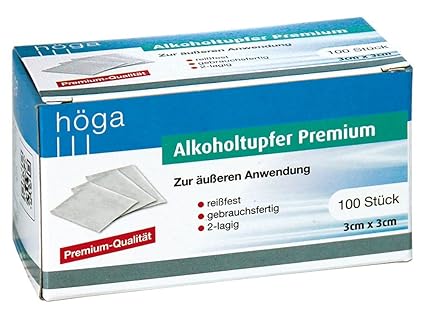 Höga-Pharm Alkoholtupfer Premium, zur äußeren Anwendung, reißfest, gebrauchsfertig, 2 lagig, 1er Pack (1 x 100 Stück)