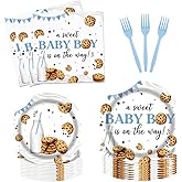 Fitumiw 96Pcs Cookie Baby Shower Party Tableware Supplies A Sweet Baby Boy is On The Way Plates and Napkins Cookie and Milk Party Set Decorations Serve 24 Guests