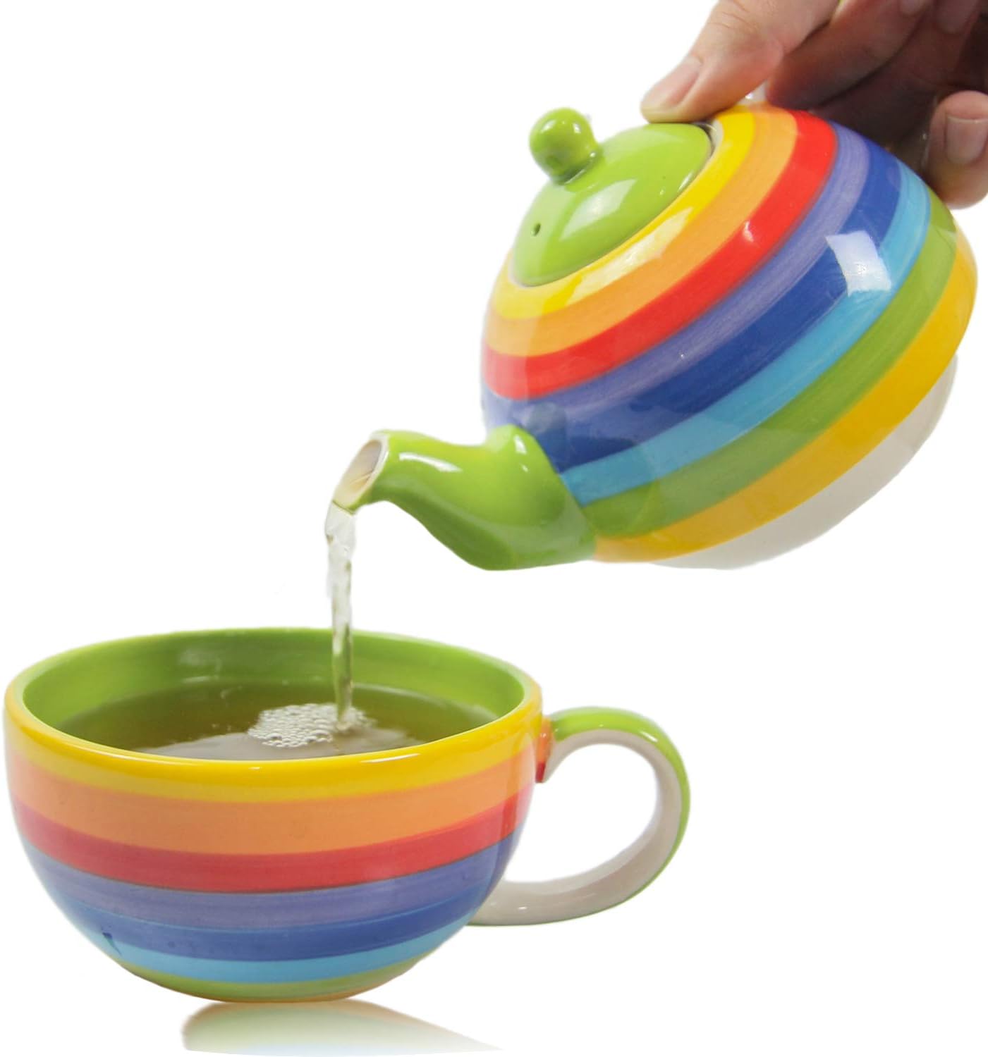 CinMin Rainbow Striped Ceramic Stoneware Handpainted Tea for One