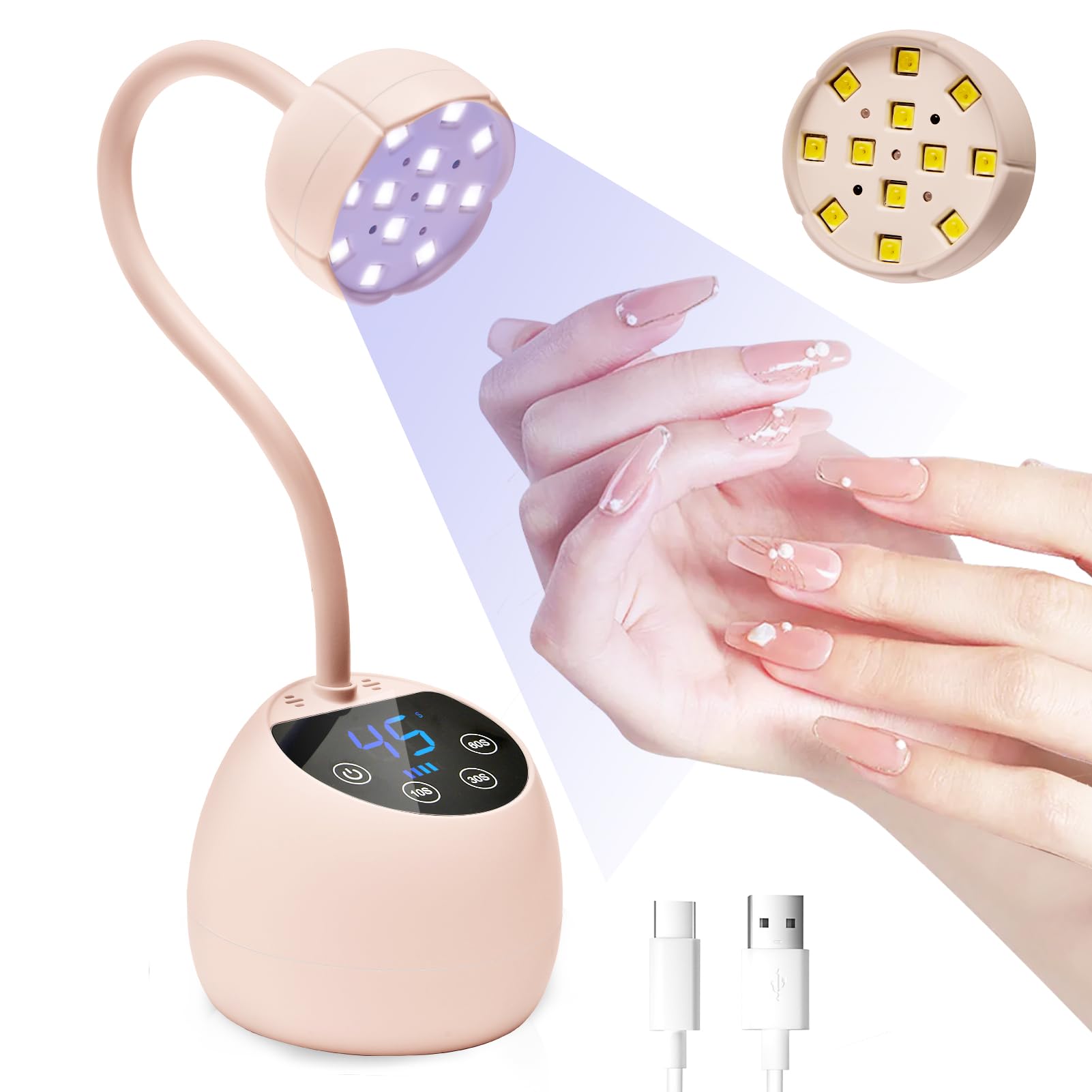 CGBE Mini UV Nail Lamp with Smart Sensor and Display, 12 Beads, 4 Modes, Portable LED Nail Lamp with USB Charging Cable, Pink