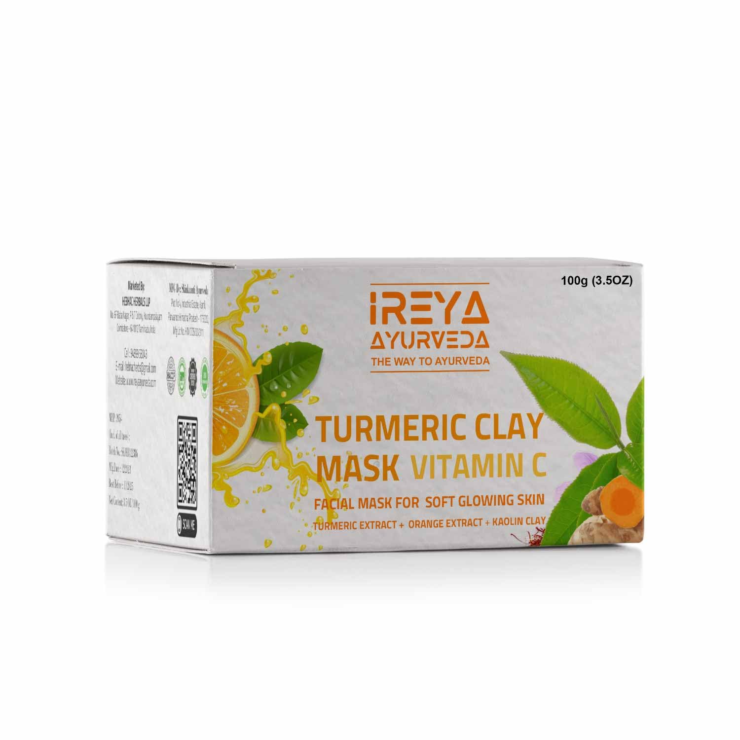 Turmeric Clay Face Mask | 100 g - 3.5 oz| Vitamin C with Orange & saffron Extract Fullers Earth, Kaolin Clay, Acne Face Mask Dark Spots Remover with Turmeric Extract