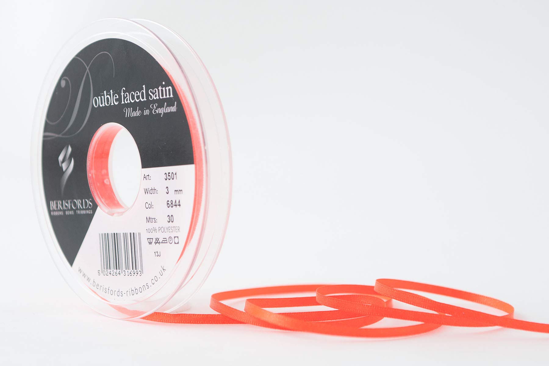 Berisfords 3501 3mm 6844 Fluorescent Orange Double Satin Ribbon x 30mtr, Flo, 3 mm