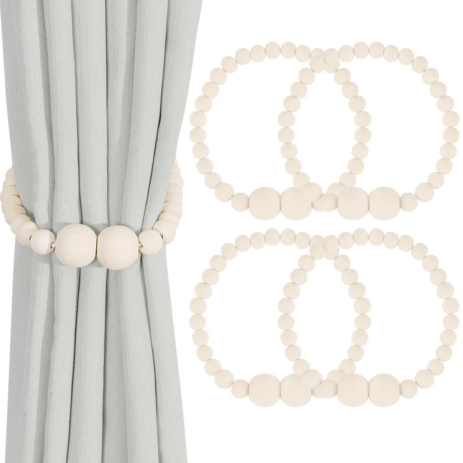 Photo 1 of KLOGTSIND Magnetic Curtain Tiebacks, 4 Pack Curtain Holdbacks for Draperies, Wood Bead Curtain Tiebacks, Elegant Curtain Tie Backs for Bedroom Decor, Boho Room Decor, Nursery Decor, Farmhouse Decor