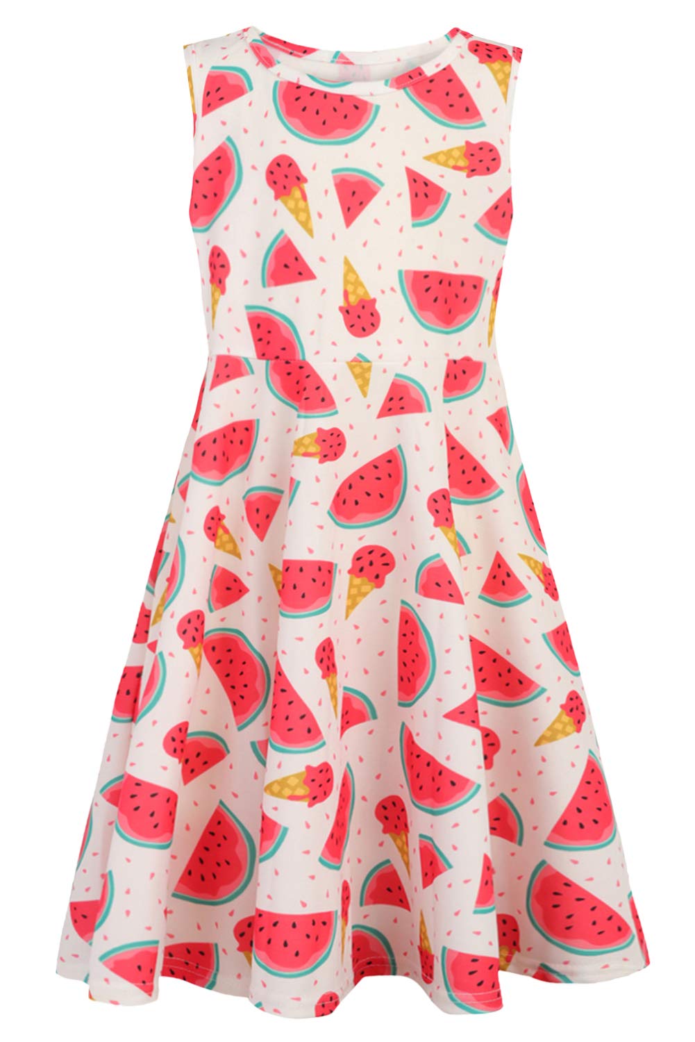 Youngs Girls Print Sleeveless Casusl Crew-Neck Dresses ice Cream Print Skirts Wine red (Watermelon, S)