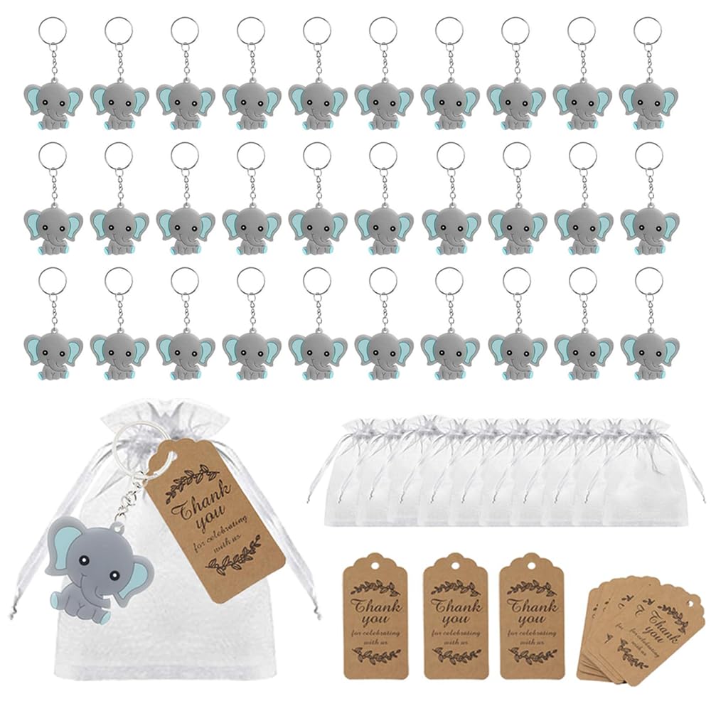 RHQFDM 30 Pieces Guest Gifts Christening Elephant Keychain PVC Elephant Pendant Set Blue Elephant Kids Keychain with Organza Bag and Kraft Paper Thank You Tag