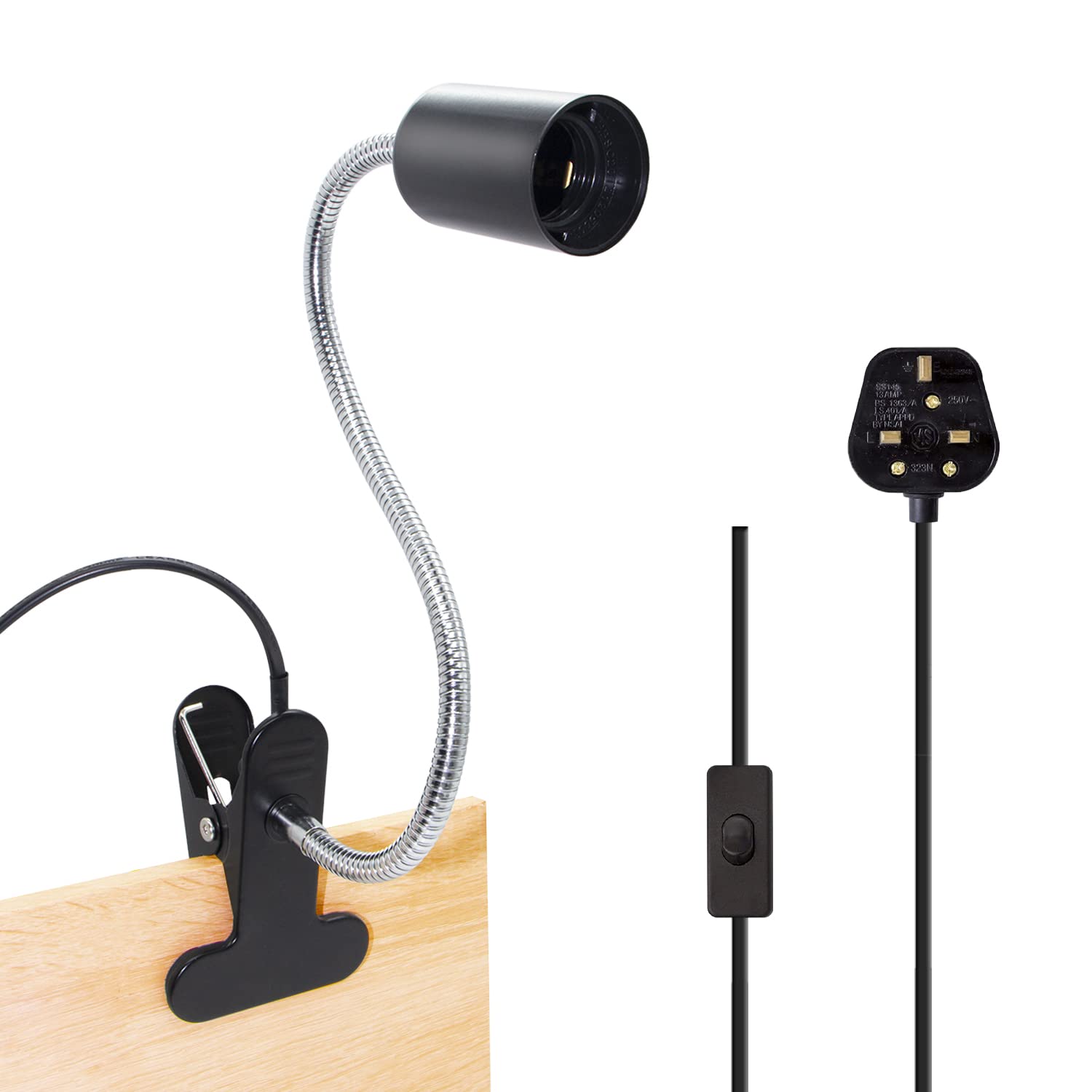 Clip on Desk Lamp E27 Lamp Holder, Black Clamp Light with 35 cm Long Rotatable Gooseneck and 220 cm Cable Switch Clip on Light with Plug for Bedroom, 60 W (Bulb not Included)