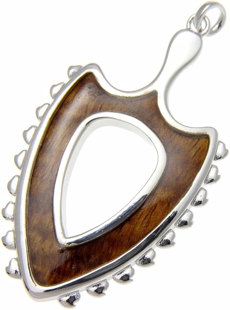 Arthur's Jewelry Koa Wood Hawaiian Polynesian Leiomano Shark Teeth Weapon Rhodium Plated Brass Pendant
