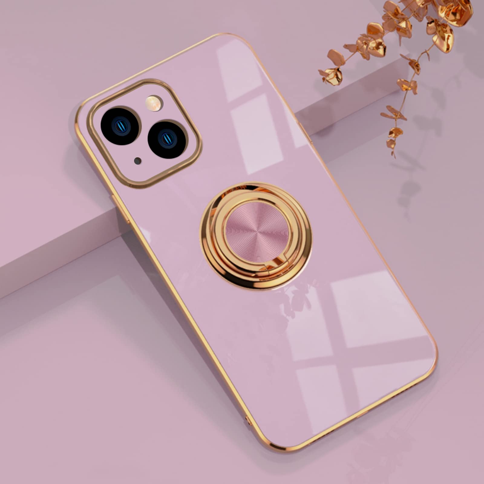 EYZUTAK Electroplated Magnetic Ring Holder Case, 360 Degree with Rotation Metal Finger Ring Holder Magnet Car Holder Soft Silicone Shockproof Cover for iPhone 13 mini 5.4 inch - Purle — image 1