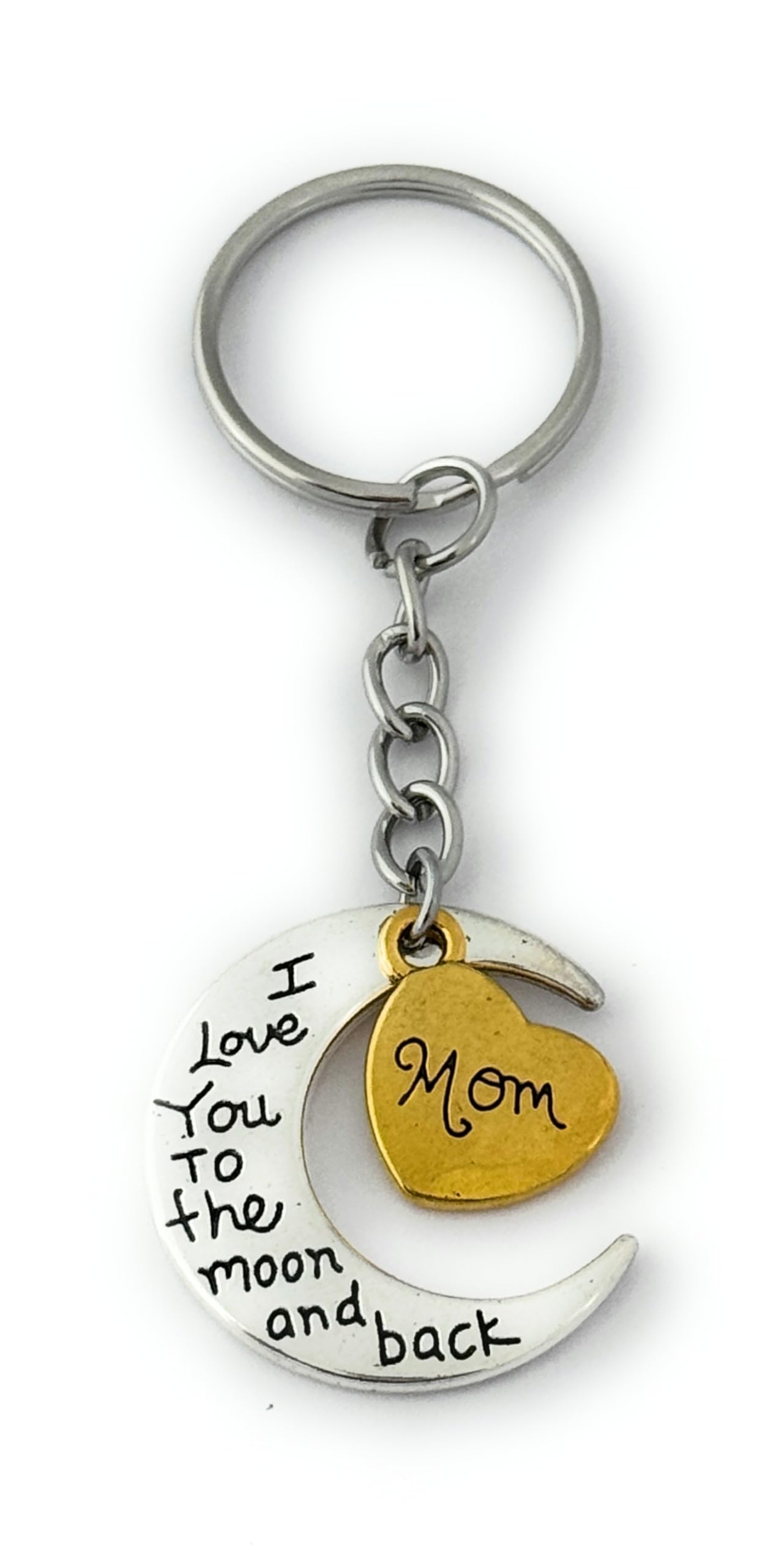 FizzyButton Gifts Keyring Mom I love you to the moon and back gold and silver tone charm key ring