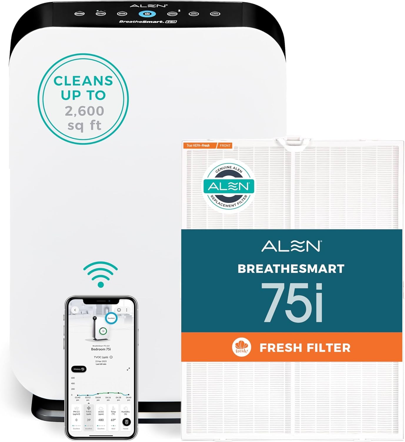 Alen Air Purifier BreatheSmart 75i HEPA with Fresh Filter + Carbon for Large Rooms up to 2800 Sq. Ft - for Living Room & Kitchen - Captures Allergens, Dust, & Mold + Household Odors & Smoke - White Image
