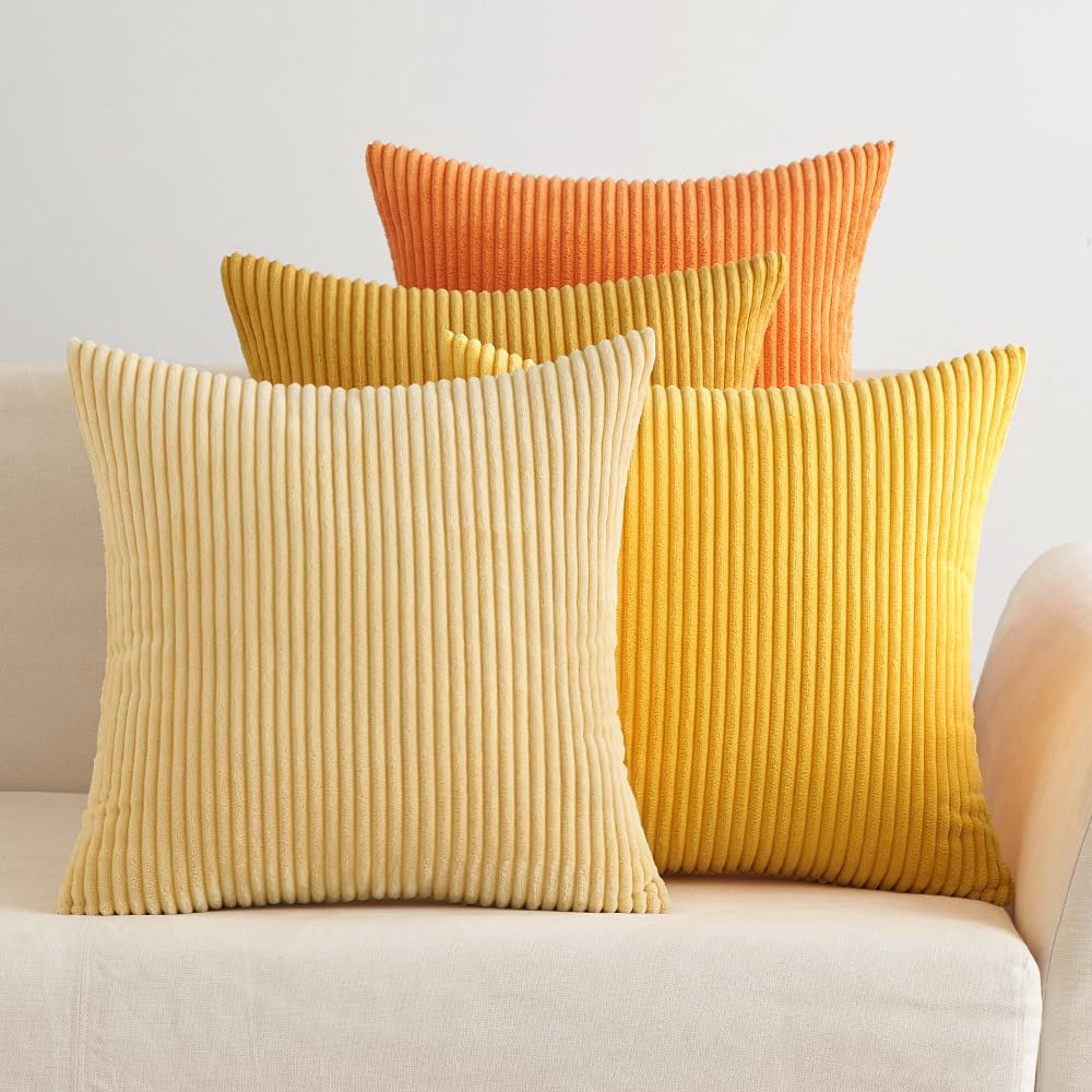 EMEMA Corduroy Cushion Covers Pack of 4 Decorative 45 x 45 cm Pillow Cases Soft Cushion Covers Modern Comfortable Sturdy for Bedroom Sofa Bed Orange