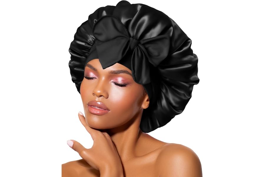 BONNET QUEEN Silk Bonnet for Sleeping Women Satin Bonnet Night Sleep Cap Hair Wrap for All Hair with Adjustable Tie Band,Black