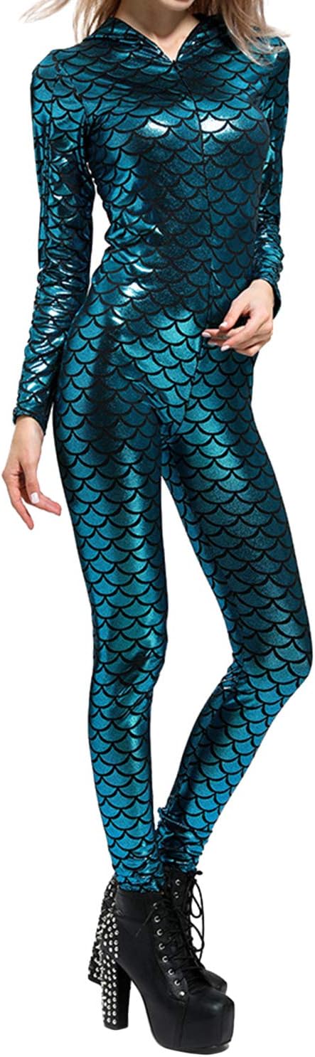 Cindaisy Women Metallic Long Sleeve Jumpsuit Sexy V Neck Zipper Catsuit Cosplay Bodysuit
