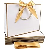 TKSBAG 12PCS Gift Bags Medium Size with Handles, 12.5 x 9.8 x 4.3 In White Gold Thank You Bags with Bow Ribbon for Wedding, Birthday, bridesmaid, Groomsmen, Party Favors, Valentine