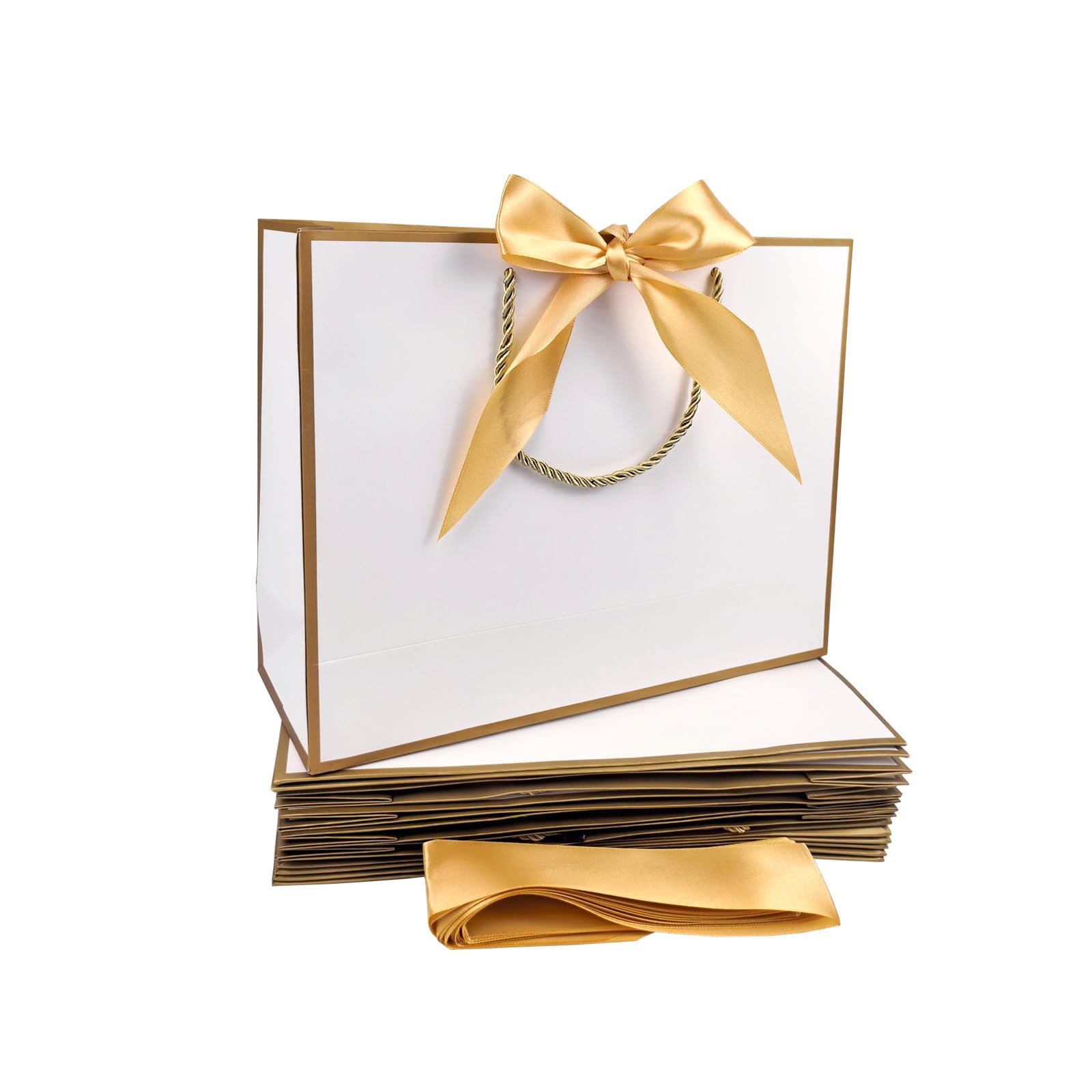 Photo 1 of TKSBAG 12PCS Gift Bags Medium Size with Handles, 12.5 x 9.8 x 4.3 In White Gold Thank You Bags with Bow Ribbon for Wedding, Birthday, bridesmaid, Groomsmen, Party Favors, Thanksgiving, Christmas