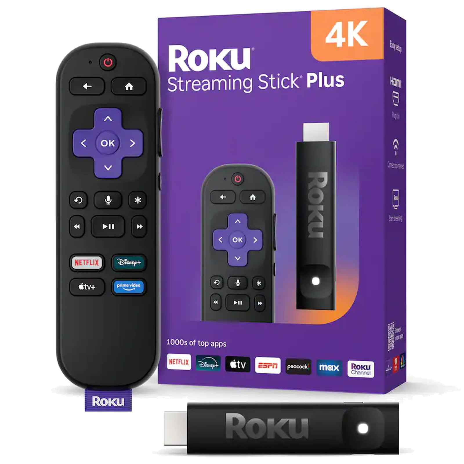 Roku Streaming Stick Plus with Voice Remote - 4K & HDR10+ | 4K & HDR Streaming Device for TV with Roku Voice Remote - Free & Live Local News, Sports (Renewed)