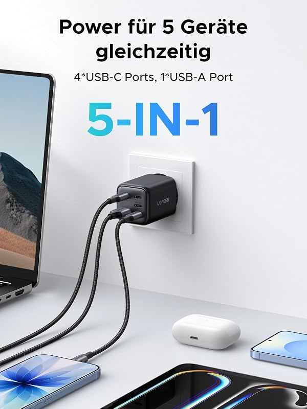 Zapix USB C Ladegerät 45W, 5-Port GaN Netzteil, PPS Schnellladegerät