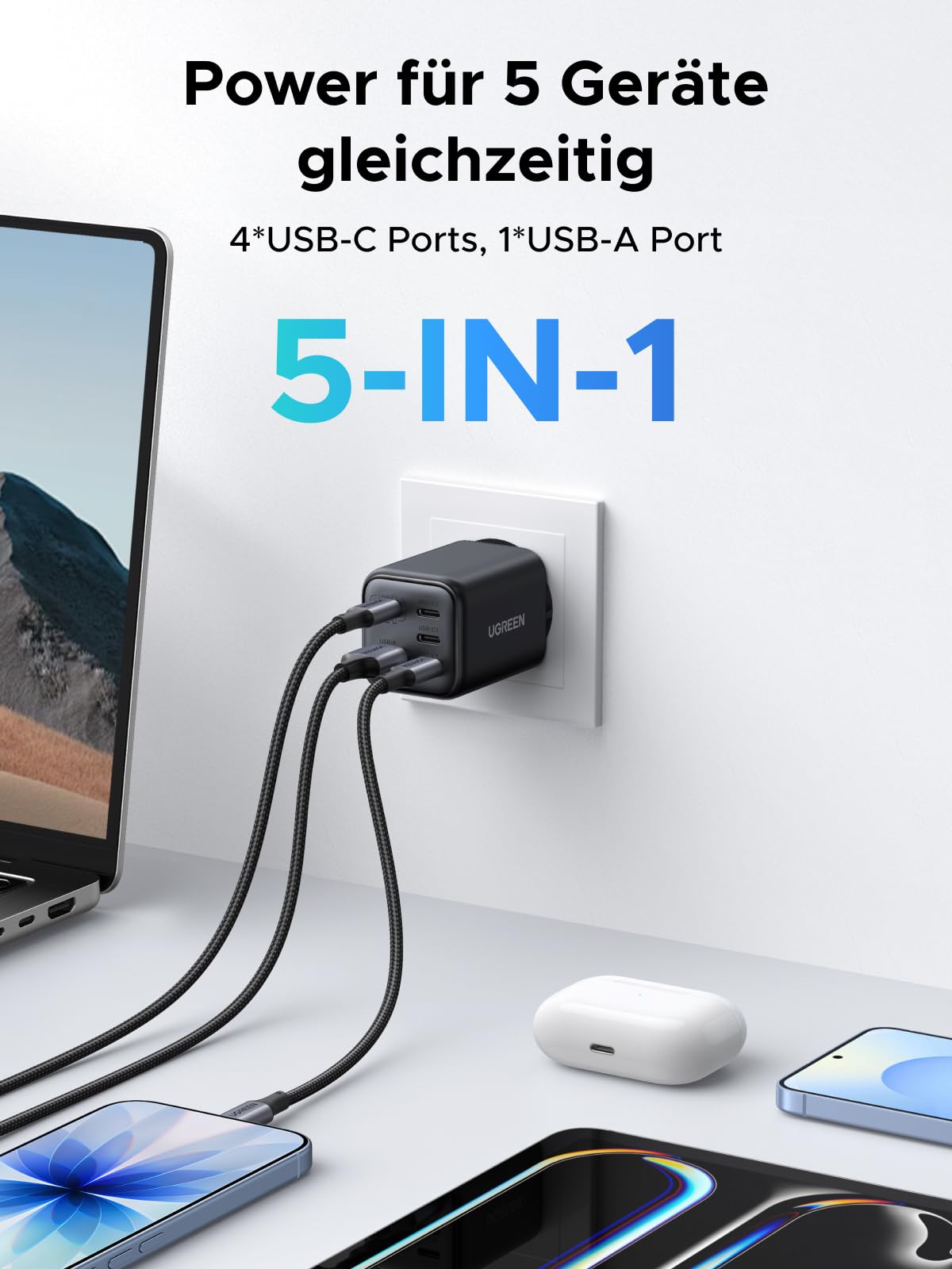 UGREEN 45W USB C Ladegerät 5-Port GaN Schnellladegerät PPS Netzteil PD Charger Adapter kompatibel mit Galaxy S25 Ultra, S24, iPhone 17 Pro Max, MacBook Air, iPad, Tab A8, Pixel 9 3