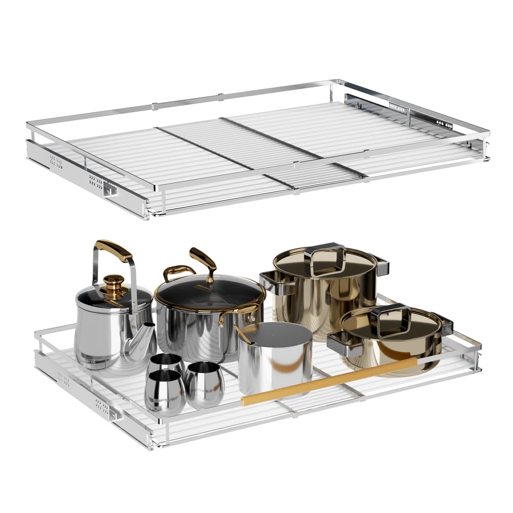 Photo 1 of MIYUPTC Expandable Sliding Pantry Shelves, Large Pull Out Drawer Cabinet Organizer, Under Sink Storage Organiser Bottom-Mounted Basket for Kitchen, Bathroom, 2pack