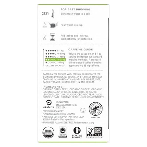TAZO ORGANIC GREEN TEA, GREEN GINGER, CAFFEINATED TEA, 16 TOTAL BAGS