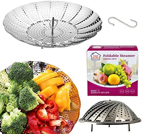 Foldable Vegetable Steamer Basket - 5.9" to 10.6" - 100% Premium Stainless Steel, Multifunctional Large Food Steaming &amp; Fruit Strainer - Non Rust, Non Scratch, Collapsible Insert for Various Size Pots