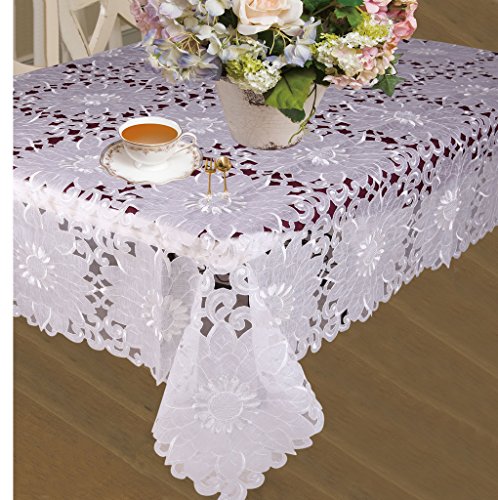 Cabernet Embroidered Sunflowers With Cutwork Tablecloths 70" X 120" - In Ivory