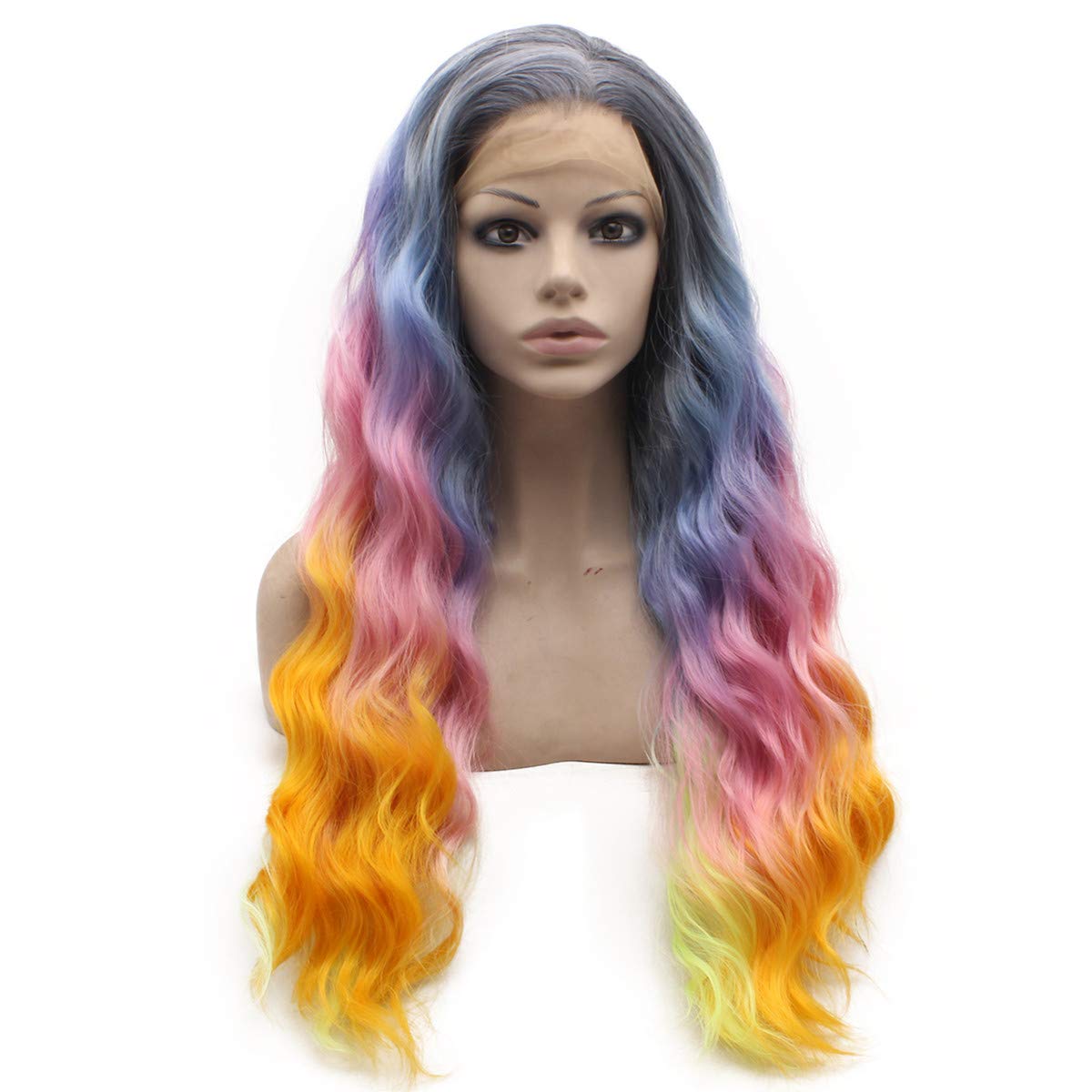 Long Wavy Lace Front Synthetic Wig Colorful Ombre Cosplay Party Heat Resistant Fiber