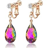 Teardrop Austrian Crystal Drop Clip On Dangle Earrings for Women Non Pierced 14K Rose Gold Plated Hypoallergenic Jewelry