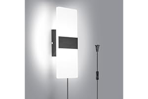 TRLIFE Modern Wall Sconce, Wall Sconce Plug in 12W LED 6000K Cool White Acrylic Wall Mounted Light Wall Lights with 6FT Plug in Cord and On/Off Switch on The Cord(1 Pack, Black)
