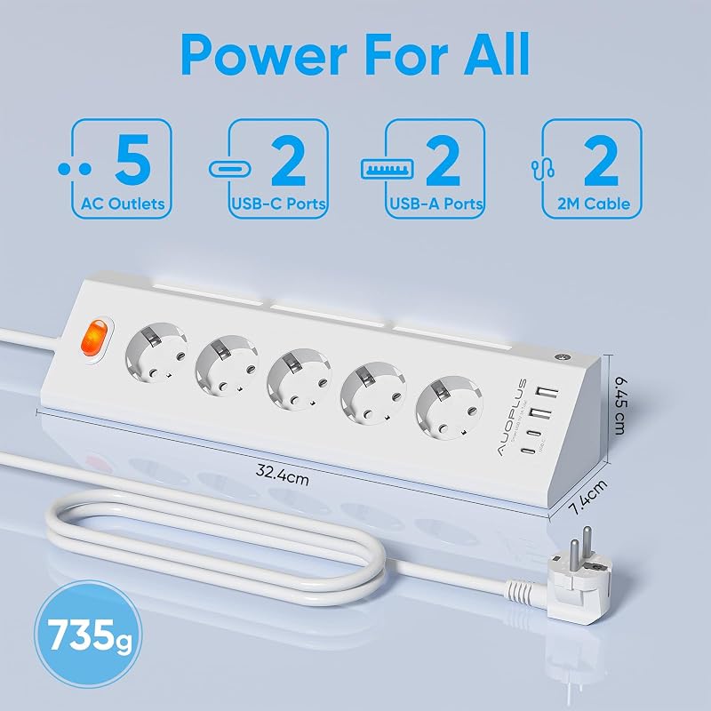 Multiprise avec 5 Prises et 4 Ports USB (2 USB A+2 USB C), Blanc — photo 2 sur 8
