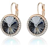 Round Austrian Crystal Halo Drop Leverback Earrings for Women 14K Gold Plated Hypoallergenic Earrings