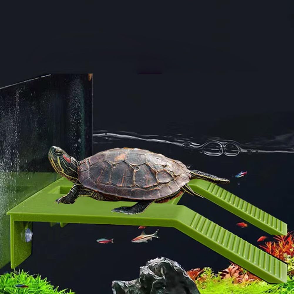 Hapihom Turtle Basking Platform with Suction Cup, Tortoise Climbing Platform, Aquarium Turtles Tank Decorations, Simulation Tortoise Climbing Ramp Ladder Resting Terrace Green Large