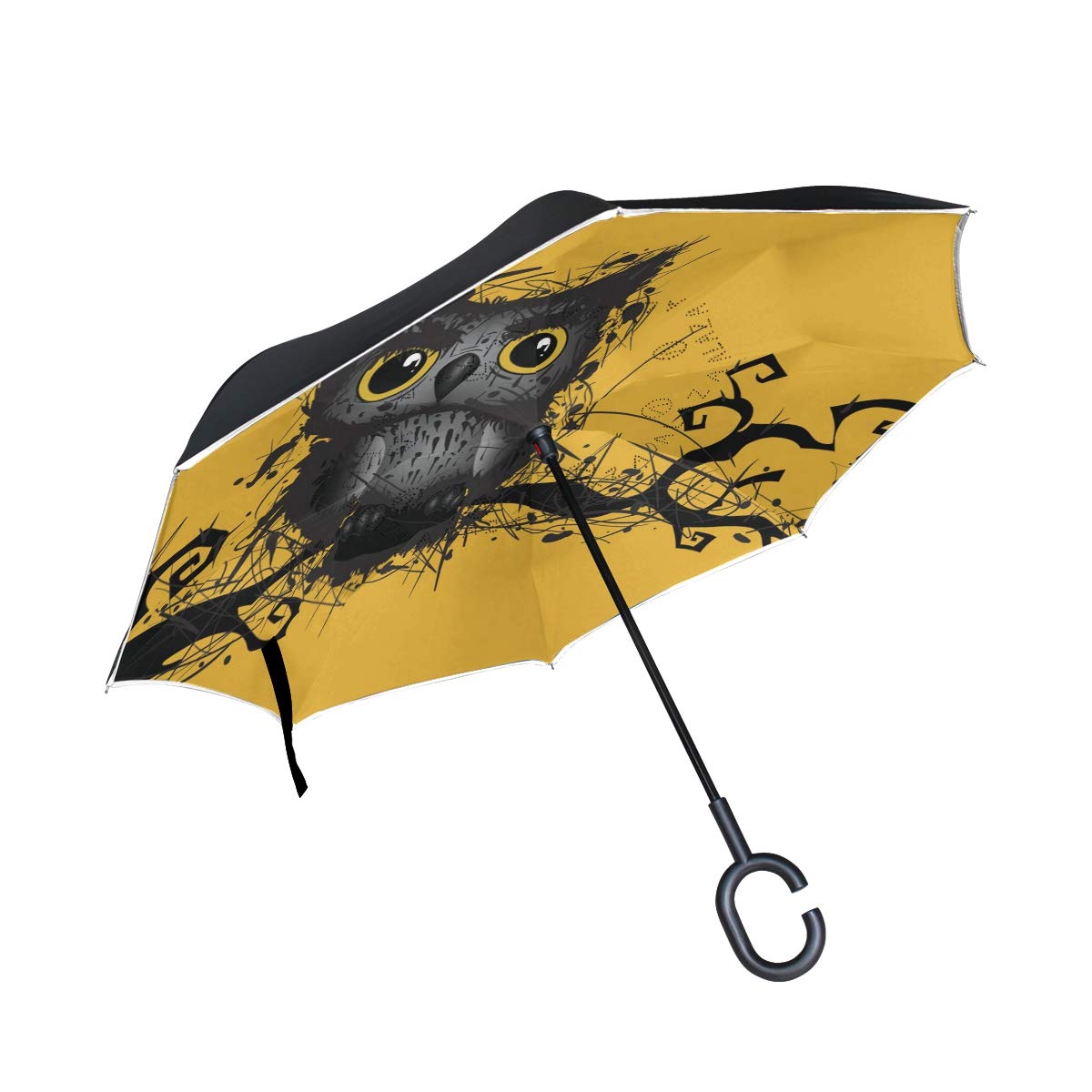 ISAOA Double Layer Reverse Folding Umbrella,Self Standing and Inside Out Car Umbrella,Rough Grungy Owl Windproof Rain Inverted Umbrella with UV Protection
