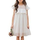 Seechoslo New 4-12Years Girls White Dress Boho Flutter Sleeve Flowy A-Line Tulle Party Dress