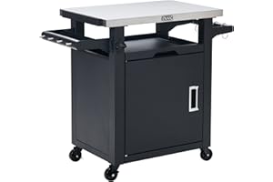 NUUK Deluxe Outdoor Grill Cart Rolling Table Cart Prep Station, 20" x 30" Stainless Steel Kitchen Storage Island with Enclosed Cabinet and Storage Drawer