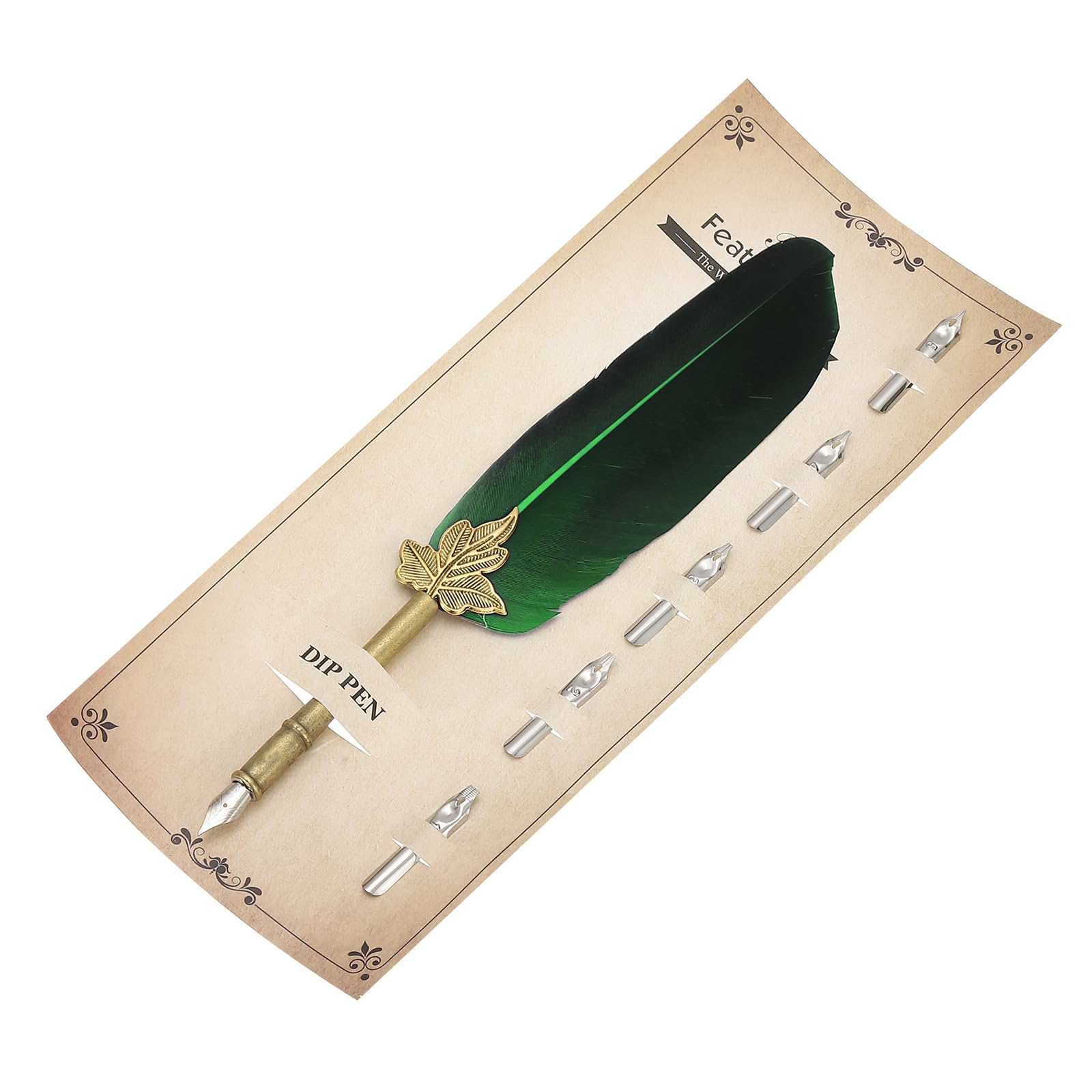 PATIKIL Feather Pen, 9.4 Inch Vintage Quill Pen Feather Dip Pen with 5 Pcs Replacement Nibs for Writing Calligraphy Wedding Signature Guest, Green