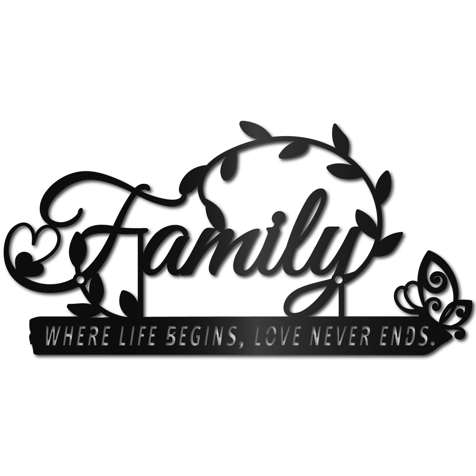 CREATCABIN Family Metal Wall Decor Black Wall Art Family Word Sign Letters Quotes Sign Hanging for Home Living Room Bedroom Kitchen Indoor Outdoor Decor Where Life Begins Love Never Ends 11.8x6Inch