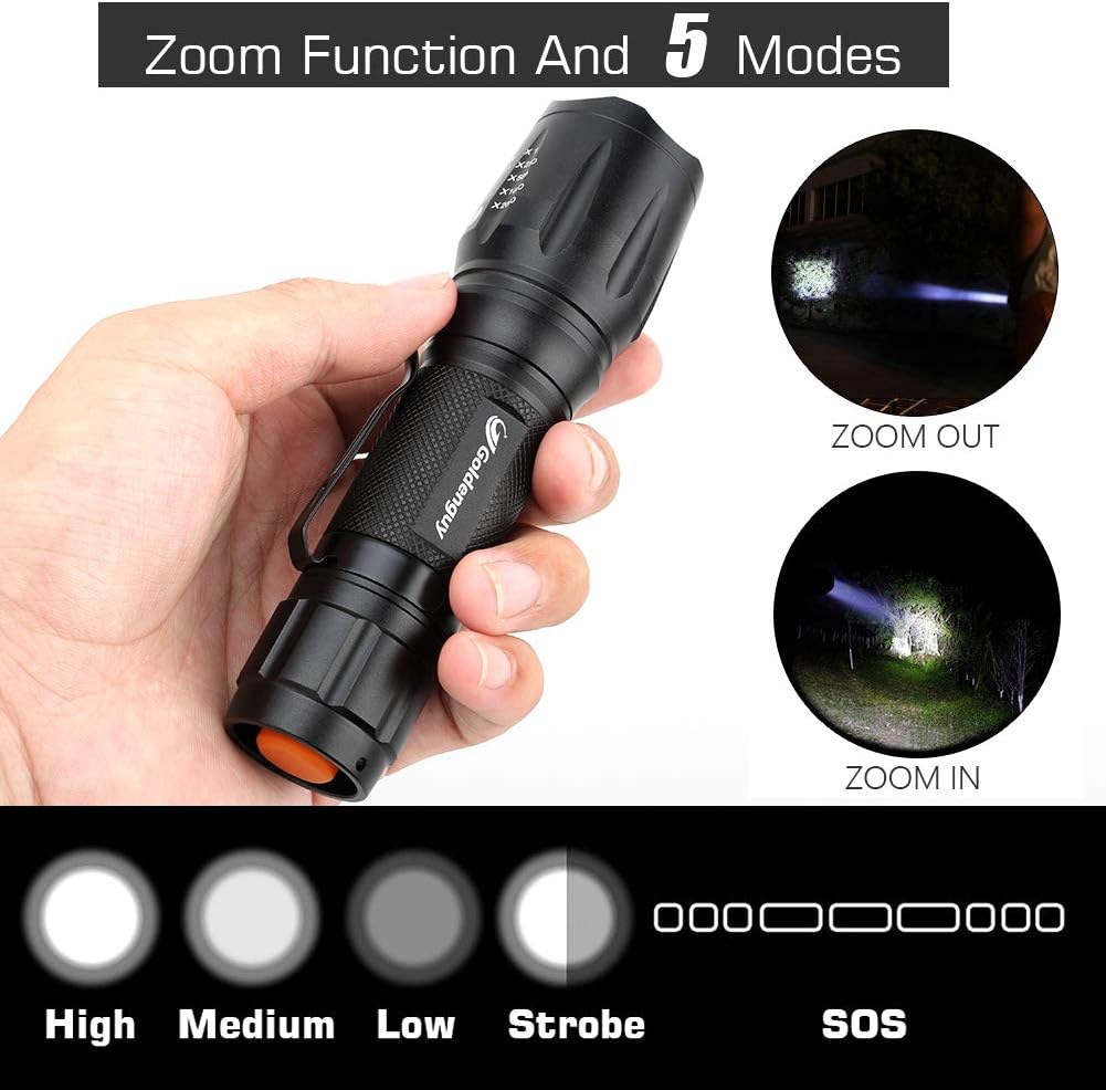Goldenguy LED Tactical Flashlight High Lumen Powerful Camping Hiking EDC Emergrncy Torch 5 Mode Zoomable and Water Resistant(2 Pack) - - 